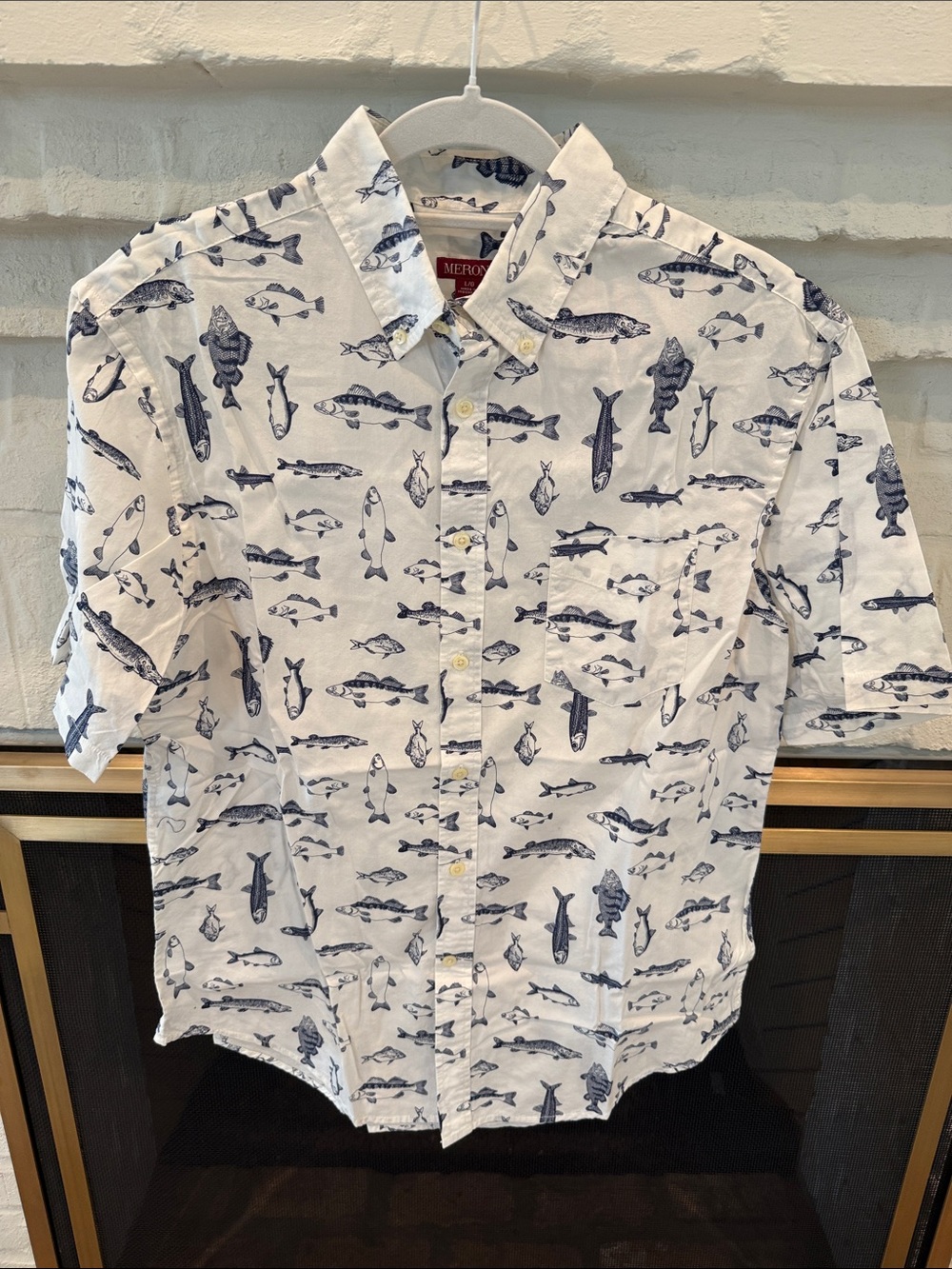 Merona White Button-Down Shirt with Navy Fish Print